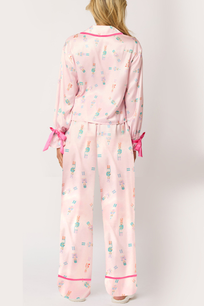 Christmas Printed Velvet Lace-up Long-sleeve Pocket Top and Elastic Waist Wide-leg Pants Set-consonak