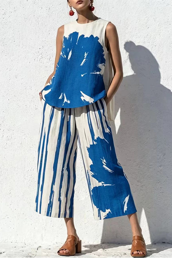 Abstract Brushstroke Sleeveless Tunic & Cropped Pant Set-Consonak