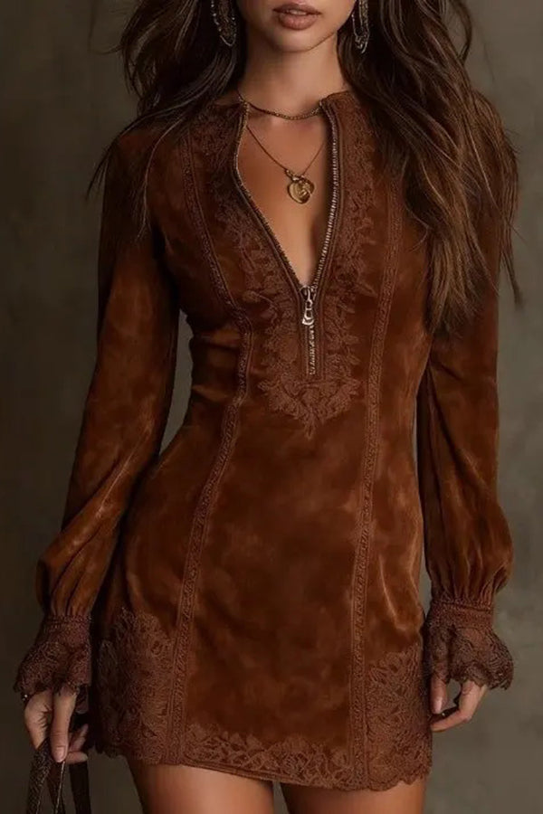 Elegant Embroidered Lace Patchwork Slim-fit Mini Dress-consonak