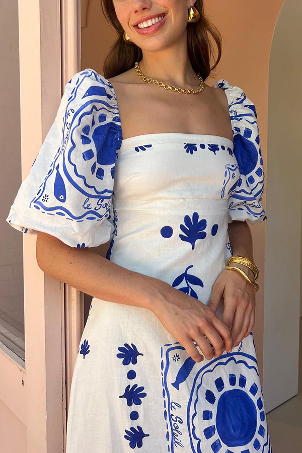 Sherbert Linen Blend Unique Print Square Neck Bubble Sleeve Maxi Dress | Consonak