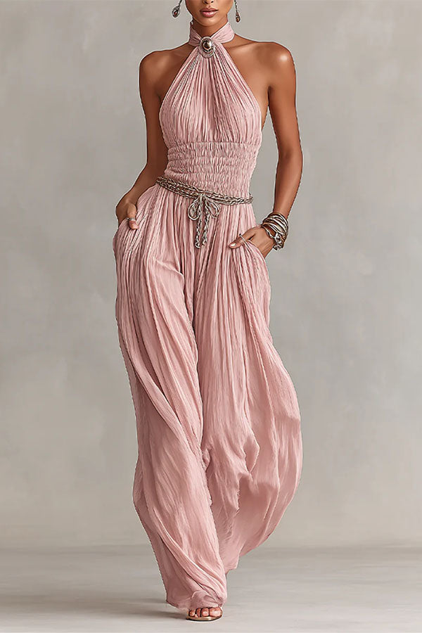 Bohemian Halter Neck Wide-Leg Jumpsuit-Consonak