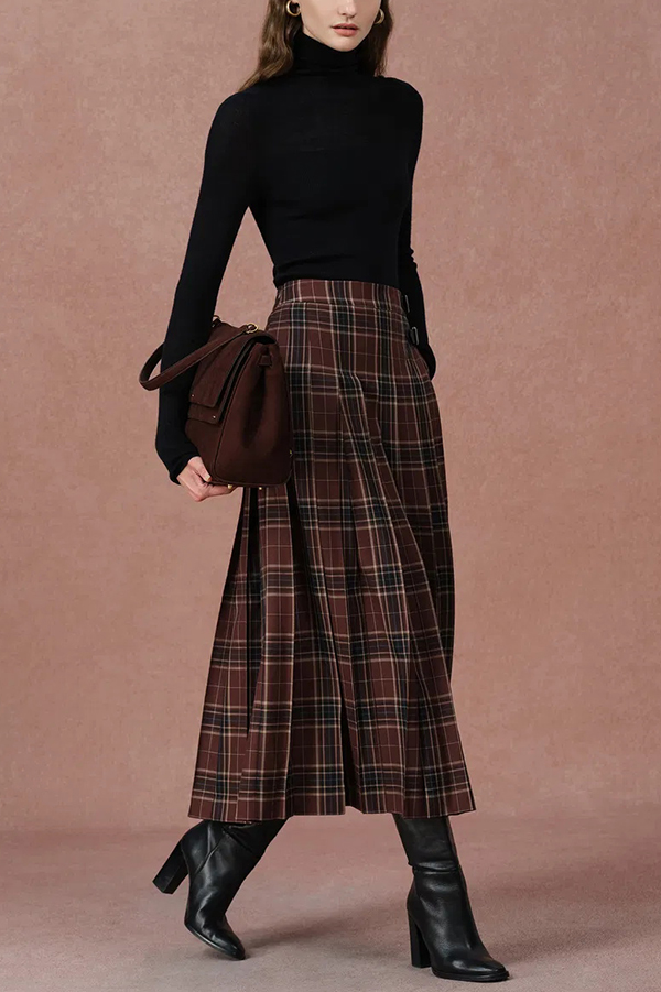 Yehudit Plaid Belt Buckle Design High Rise Pocket Midi Umbrella Skirt-consonak