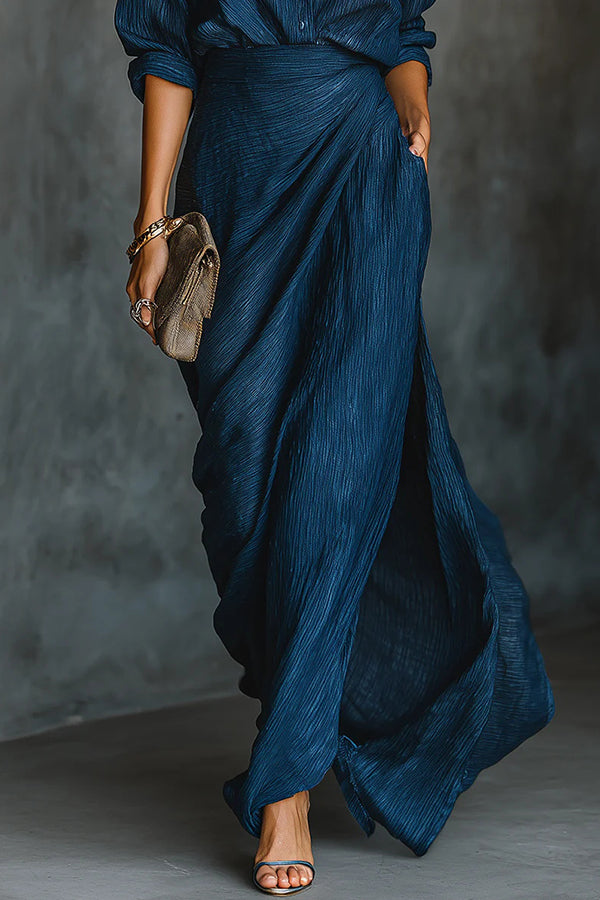 Solid Color Loose-fitting Collared Long-sleeved Shirt and Elegant Pleated Maxi Skirt Set-consonak