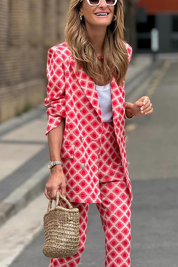 Chic Lady Unique Print Metal Button Pocketed Lapel Blazer and Elastic Waist Flare Pants Set-Consonak