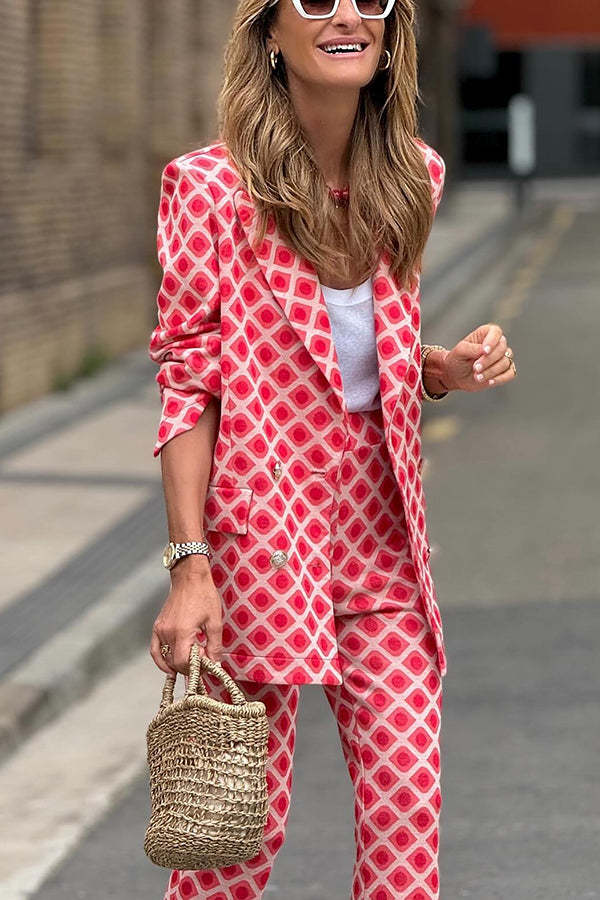 Chic Lady Unique Print Metal Button Pocketed Lapel Blazer and Elastic Waist Flare Pants Set-consonak
