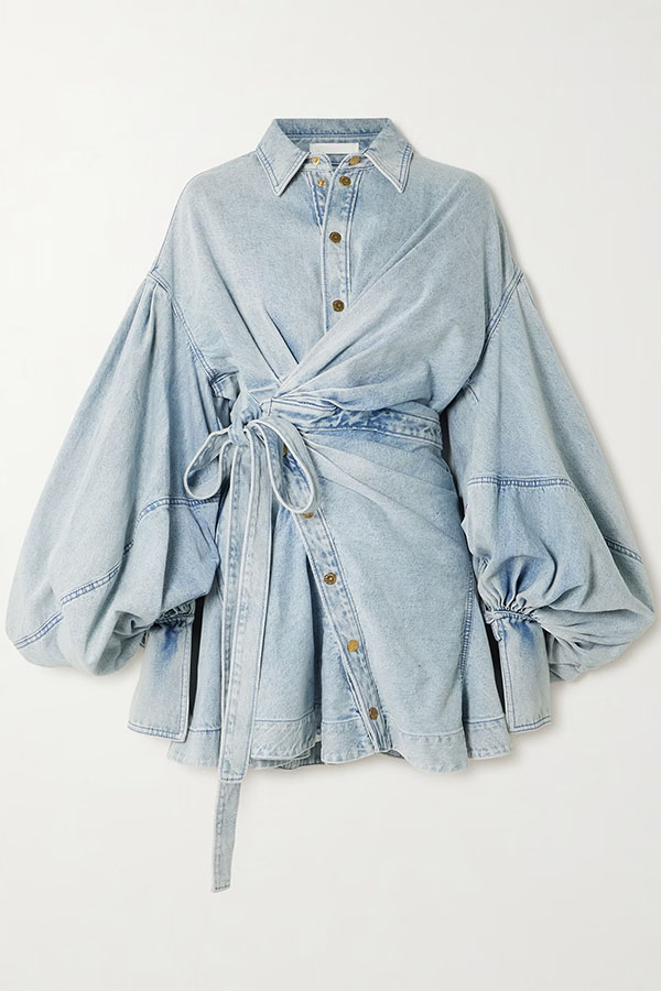 Yaron Denim Button Twisted Shape Wrap Long Balloon Sleeve Shirt Mini Dress-consonak