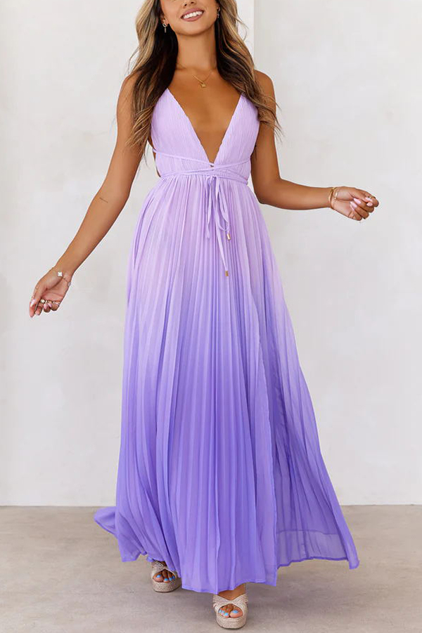 Love Letter To You Pleated Gradient Print Back Tie-up Slit Maxi Dress-consonak