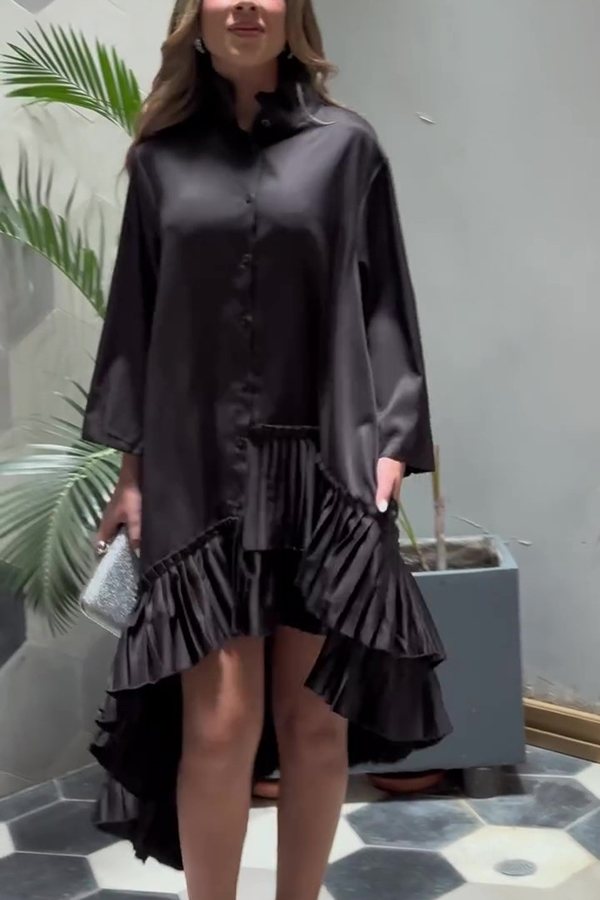 Solid Color Palace Style Loose Irregular Pleated Hem Mini Dress-consonak