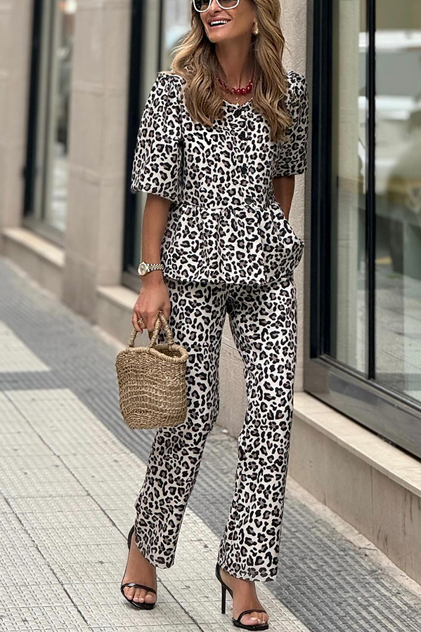Enjoy Everyday Leopard Print Puff Sleeve Babydoll Top and Elastic Waist Pocketed Pant Set-consonak