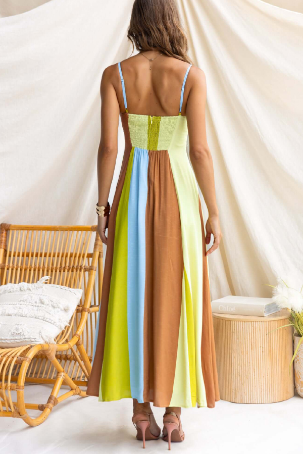 Linen Blend Color-blocked Print Suspender Sleeveless Casual Pocket Maxi Dress-consonak