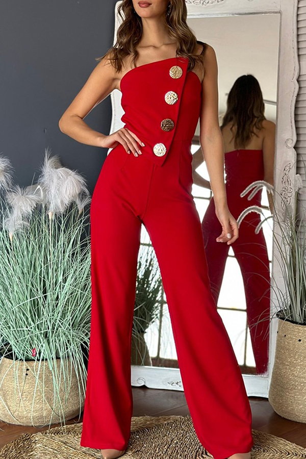Solid Color Sexy Tube Top Gold Button Embellished Bootcut Jumpsuit-consonak
