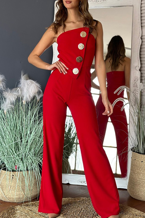 Solid Color Sexy Tube Top Gold Button Embellished Bootcut Jumpsuit-consonak