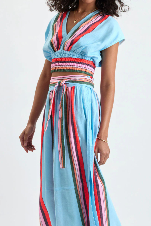 Stylish Striped Print V-neck Cropped Top and Elastic Waist Casual Maxi Skirt Set-consonak