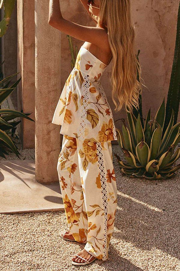 Lorde Linen Blend Floral Print Cutout Trim A-line Tank and High Rise Pocket Wide Leg Pants Set-consonak