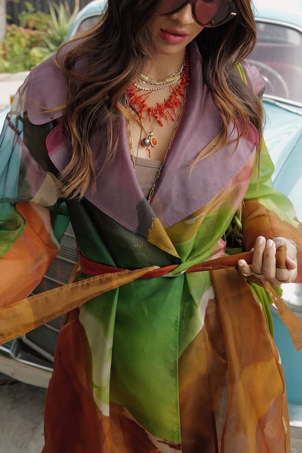 Vibrantly Color Organza Printed Tie-Waist Pocket Lapel Mid-Length Trench Coat