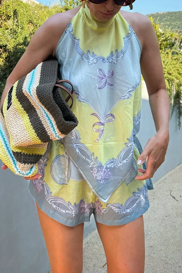 Amalfi Coast Satin Unique Print Scarf Top and Elastic Waist Pocket Loose Shorts Set-consonak