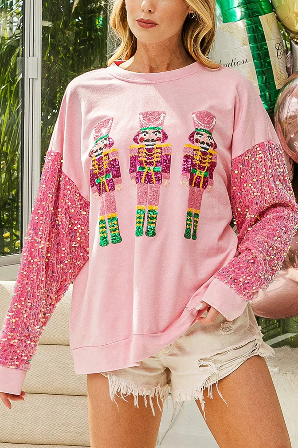 Christmas Casual Loose Round Neck Sequined Sleeve Sweatshirt | Consonak