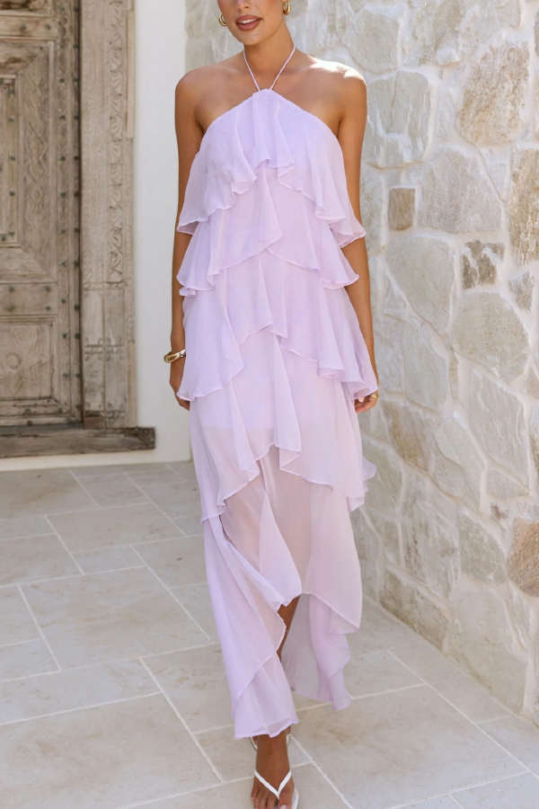 Solid Color Chiffon Halter Neck Elegant Ruffle Maxi Dress-consonak