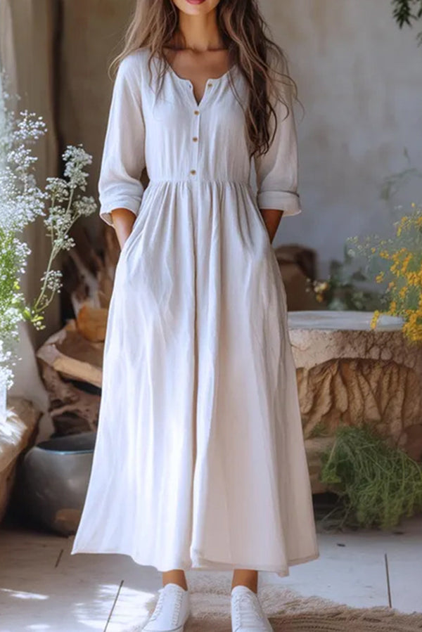 Linen Blend Crew Neck Long Sleeve Casual Pocket Holiday Maxi Dress | Consonak