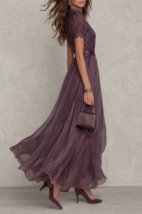 Elegant Lace Trim Keyhole Puff Sleeve Flowing Chiffon Maxi Dress-Consonak