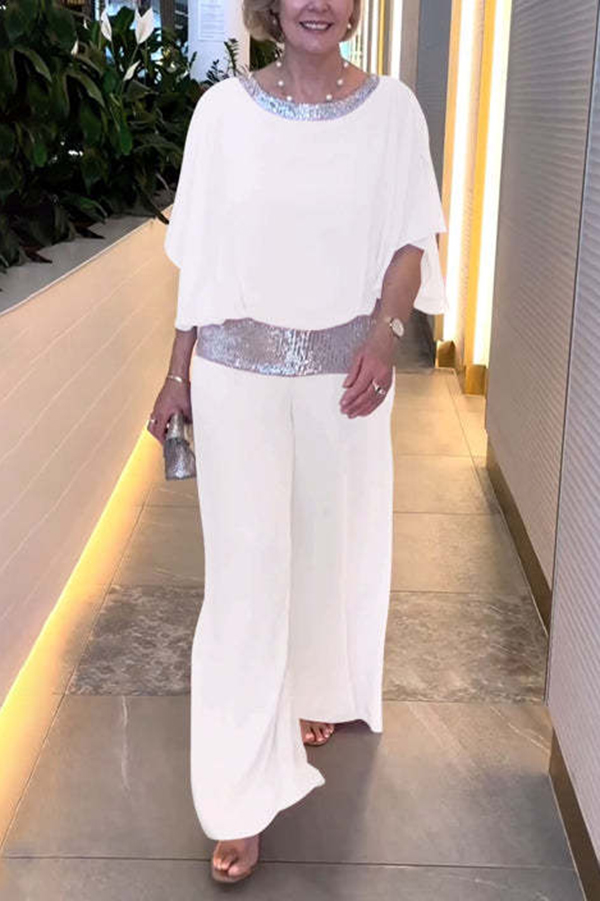 Stylish Sequin Patchwork Dolman Sleeve Top and Elastic Waist Wide Leg Pants Set-consonak