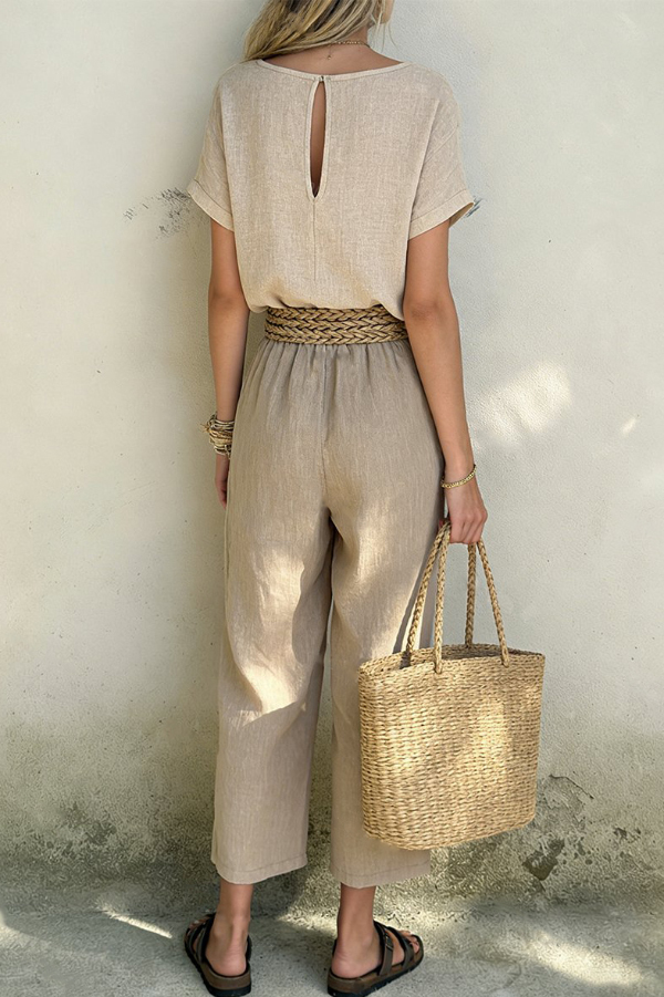 Linen Blend Crew Neck Short-sleeved Top and Elastic Waist Casual Pocket Pants Set-consonak