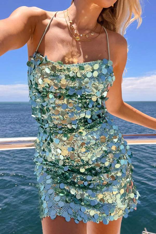 Stylish Sequined Sexy Backless Tie-waist Slim-fit Mini Dress-consonak