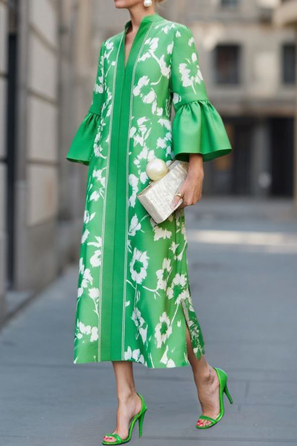 Unique Print Loose V-Neck Casual Holiday Maxi Dress-consonak