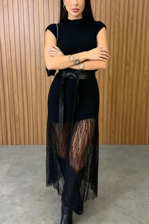 Stylish Sleeveless Spliced ​​lace Hem Elegant Slim-fit Maxi Dress