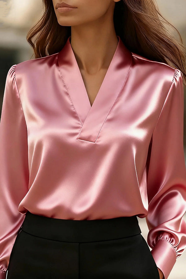 Solid Color V-neck Long-sleeved Casual Professional Shirt-consonak