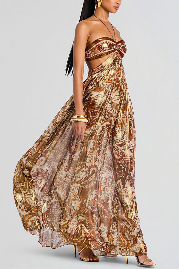 Bohemian Flair Chiffon Golden Paisley Print Cutout Halter Maxi Dress