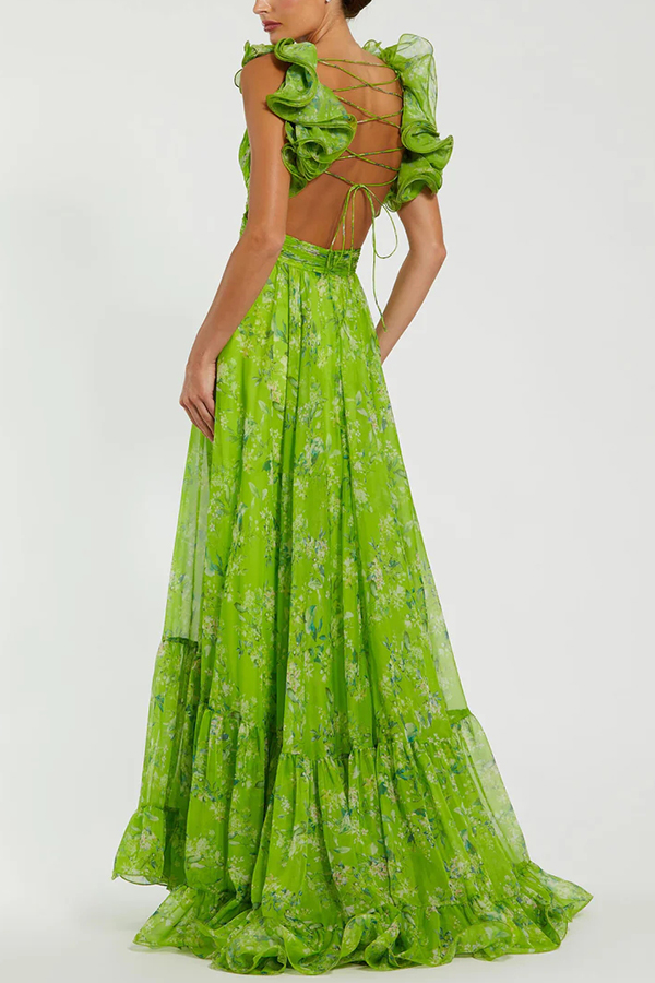 Delicate Garden Chiffon Floral Print Tiered Ruffle Cutout Back Lace-up Gown Maxi Dress