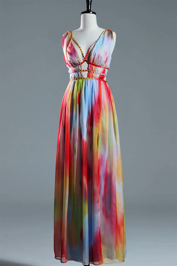 Eileen Tie-dye Print Exquisite Jewelry Ribbon Decoration Strapless Slit Maxi Dress | Consonak