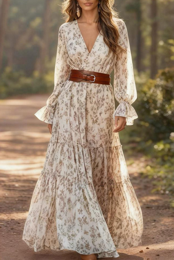 Bohemian-style Floral Print V-neck Long-sleeved Casual Maxi Dress