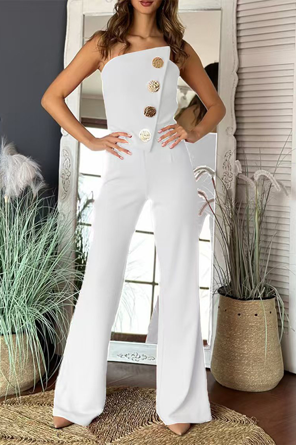 Solid Color Sexy Tube Top Gold Button Embellished Bootcut Jumpsuit-consonak