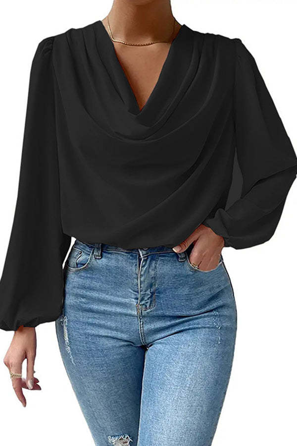 Simple and Beautiful Satin Cowl Drape Neck Long Sleeved Shirt-consonak