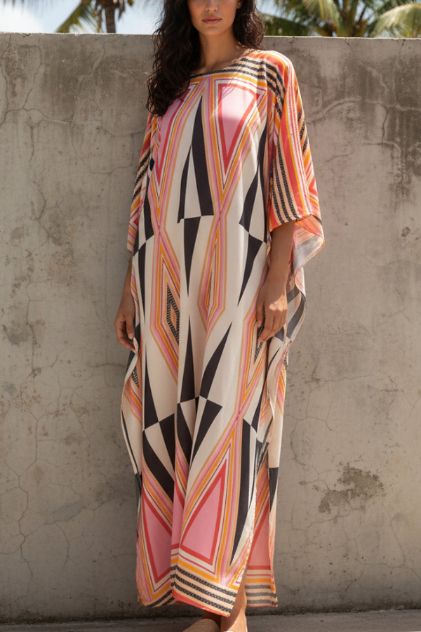 Unique Geometric Print Loose Round Neck Vacation Cover-up Maxi Dress
