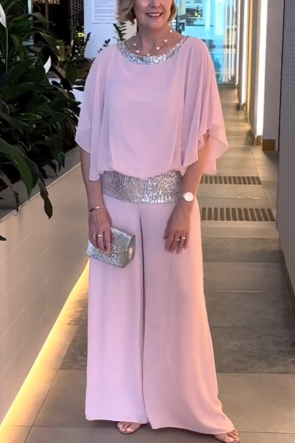 Stylish Sequin Patchwork Dolman Sleeve Top and Elastic Waist Wide Leg Pants Set-consonak