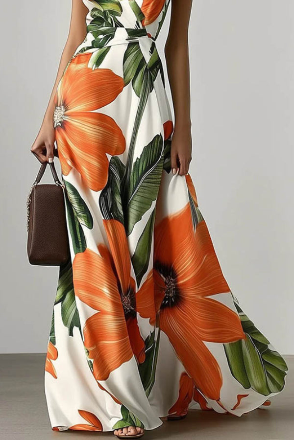 Floral Print V-neck Sleeveless Fitted Waist Vacation Maxi Dress-consonak