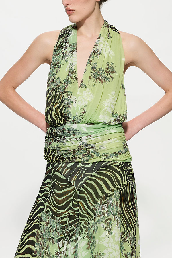 Lyra Floral and Animal Prints Ruched Waist Halter Backless Tank and High Rise Maxi Skirt Set