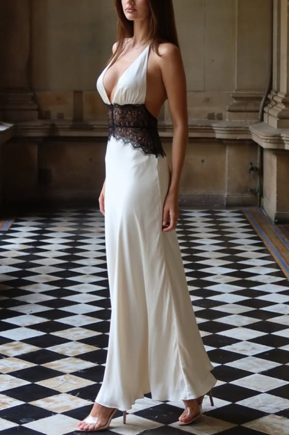 Seductive Details Satin Lace Waist Halter Tie-up Backless Maxi Dress-consonak