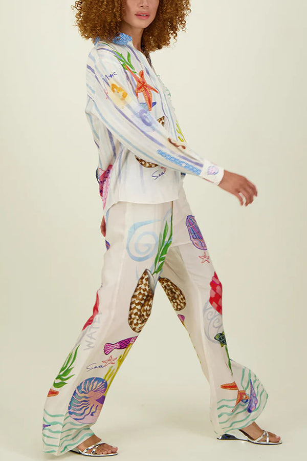 Dream Ocean Satin Unique Print Back Elastic Waist Pocketed Wide Leg Pants | Consonak