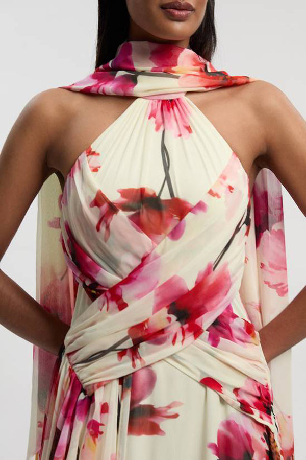 Blooming Petals Chiffon Floral Print Crinkle Cross Front Drape Ruffles Scarf Maxi Dress-consonak