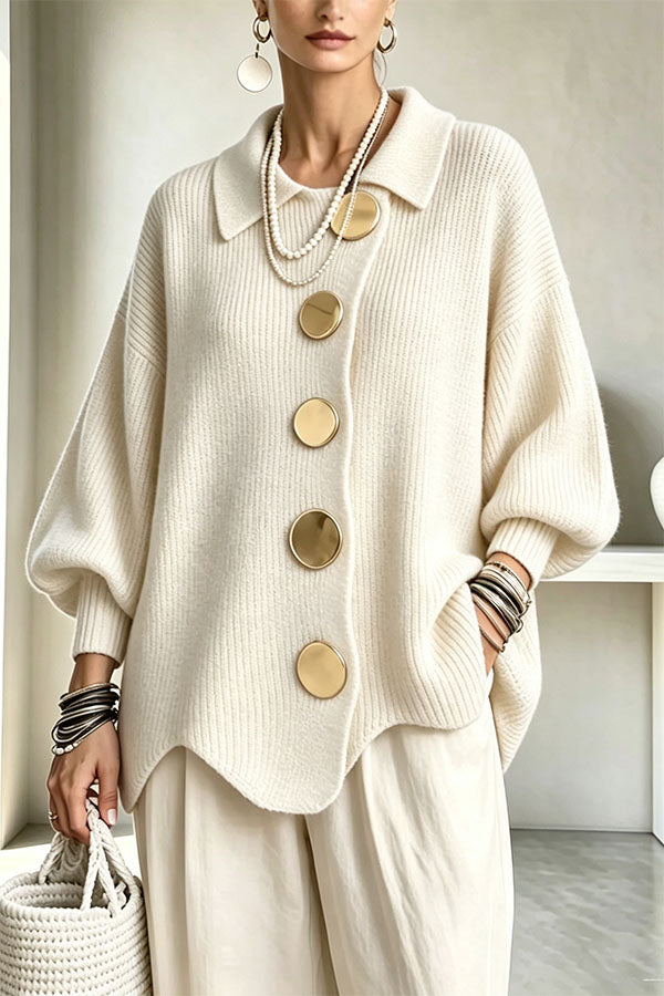 Shelia Knit Oversized Metal Buckle Balloon Sleeve Lapel Cardigan-Consonak