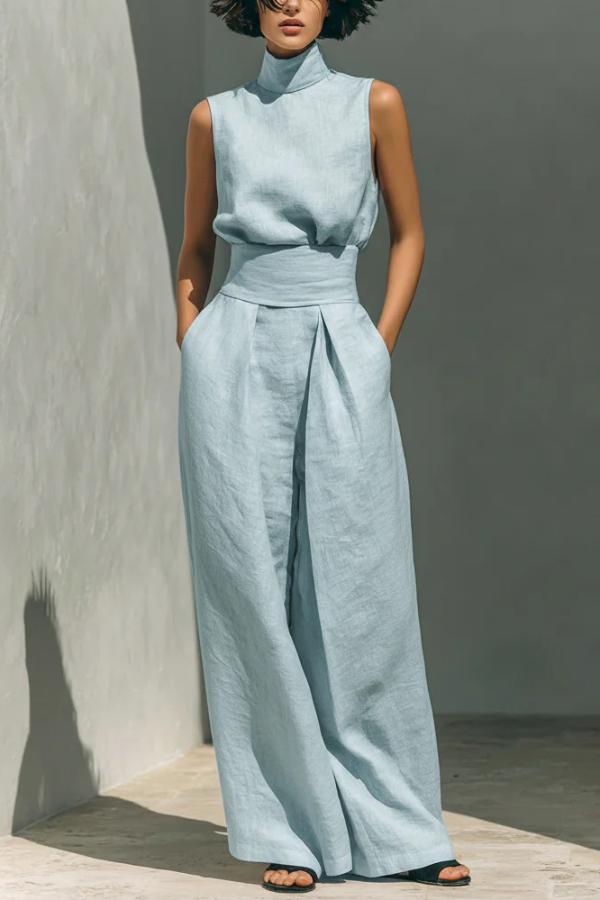 Linen Blend Solid Color Turtleneck Sleeveless Top and Casual High-waisted Elastic Waist Pocket Wide-leg Pants Set