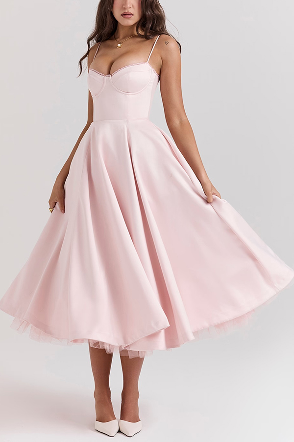 Fairytale Vibe Satin Patchwork Tulle Sweetheart Neck Pocket Stretch Midi Dress-consonak