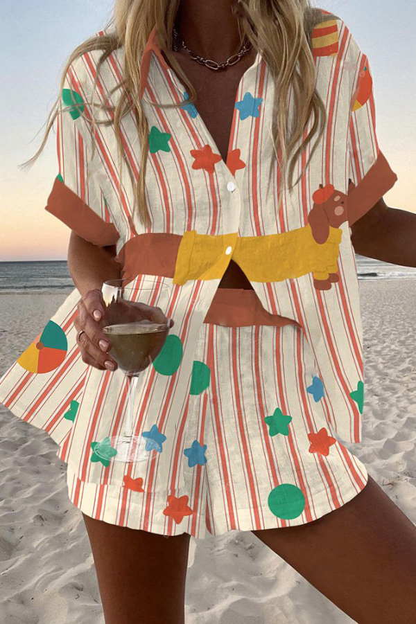 Dachshund Star Print Loose Button Elastic Waist Shorts Set