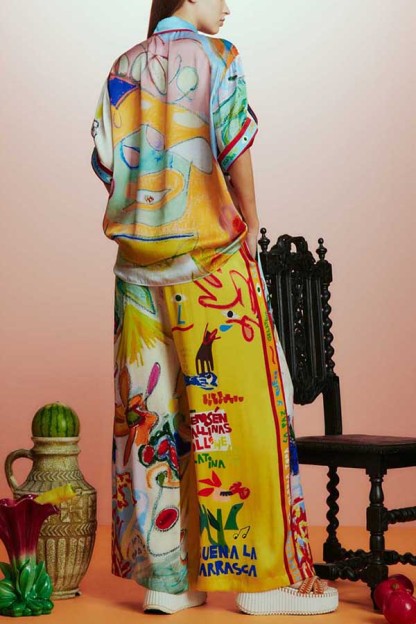 Raina Satin Unique Print Short-sleeved Loose Shirt and Elastic Waist Pocket Pants Set-consonak