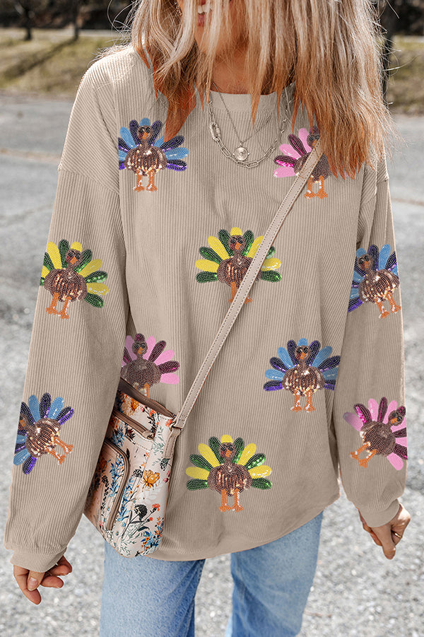 Colorful Turkey Sequin Print Loose Long-sleeved Sweatshirt-consonak
