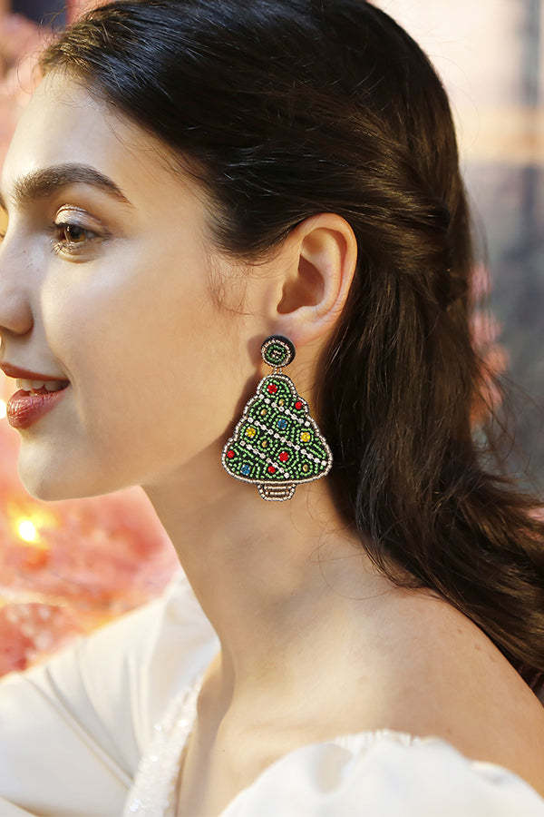 Handmade Christmas Tree Shape Beaded Earrings-consonak